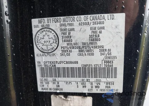 2000 Ford F150 from USA, damaged, VIN 2FTRX07L0YCB08688